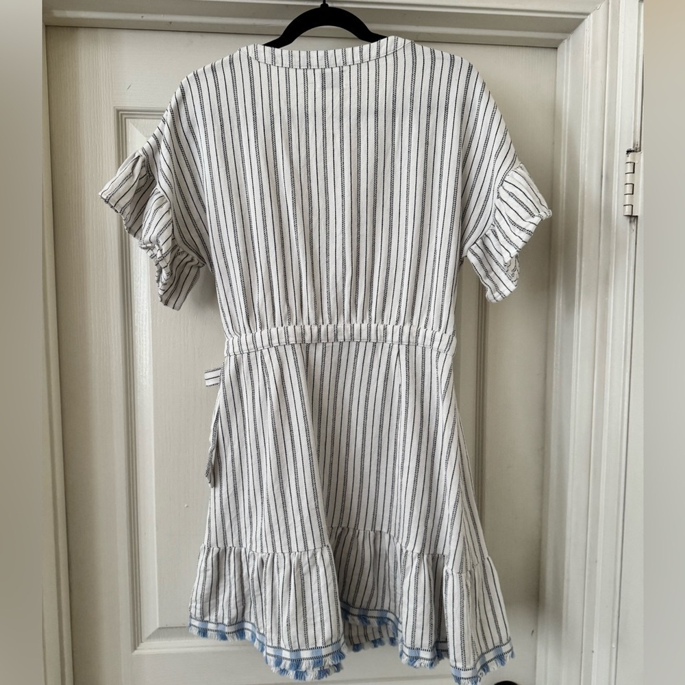 Suboo | Flutter Sleeve Wrap Dress Striped Fringe Cotton - Size 8 - Picture 4 of 6